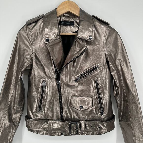 ZARA Genuine Leather Jacket Silver Metallic Belted Moto Biker Jacket - Picture 6 of 16
